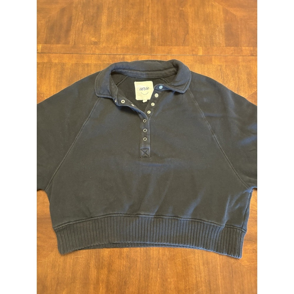 Aerie Women's Small Black Snap Collar Pullover Sweatshirt Cropped Relaxed Fit